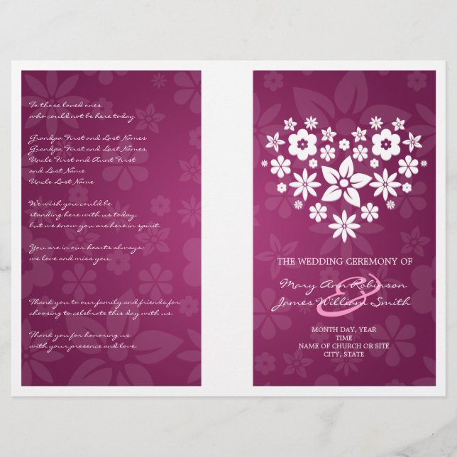 Programme de mariage Fleur Coeur Berry rose (Devant)
