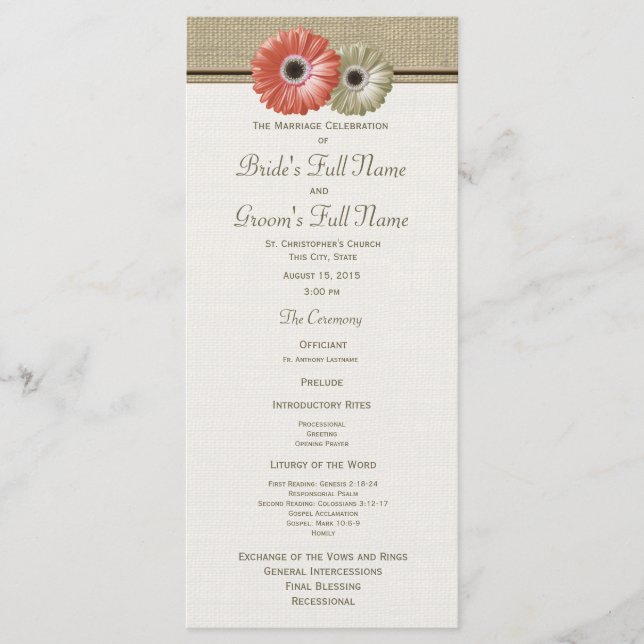 Programme de mariage Fleur de Gerbera Corail et Iv (Devant)