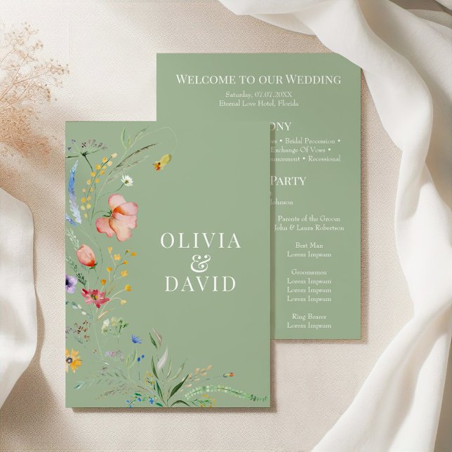 Programme de mariage Fleur sauvage Sage Green (Sage Green Wildflower Wedding Program on a silk tablecloth with dry botanicals.)
