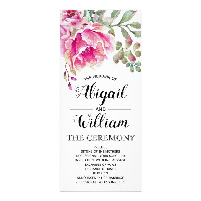 Programme de mariage fleuri rose aquarelle fleurs (Devant)