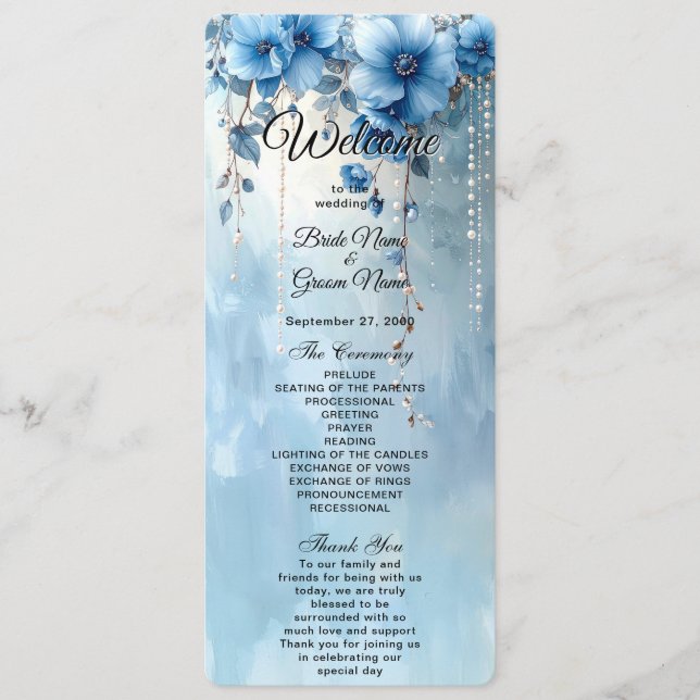 Programme de mariage Fleurs bleues et Perles (Devant)