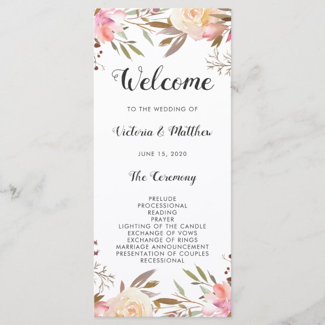 Programme de mariage floral à la floraison rose ro (Devant)