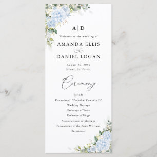 Programme de mariage floral à l'hortensia bleu