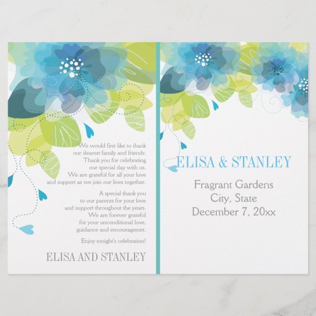 Programme de mariage floral aux fleurs bleues prin (Devant)