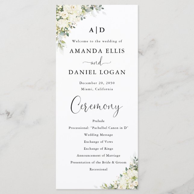 Programme de mariage floral blanc élégant (Devant)