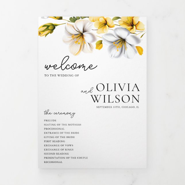 Programme de mariage floral blanc et jaune Calendr (Page de couverture)