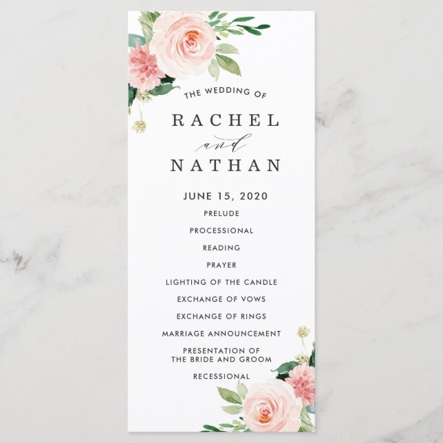 Programme de mariage floral blanc rosé (Devant)