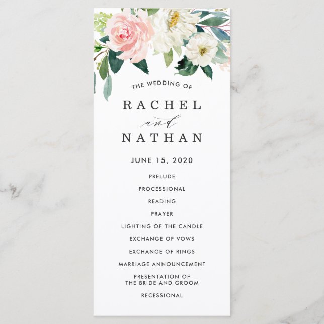 Programme de mariage floral blanc rose Blush (Devant)