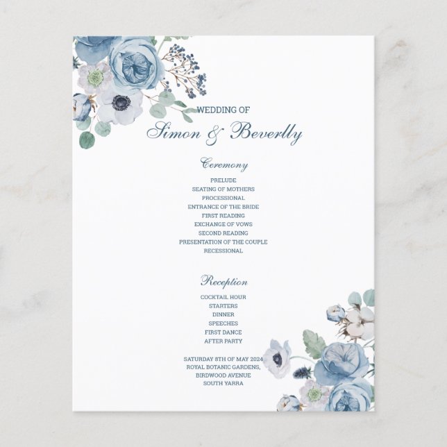 Programme de mariage floral bleu (Devant)