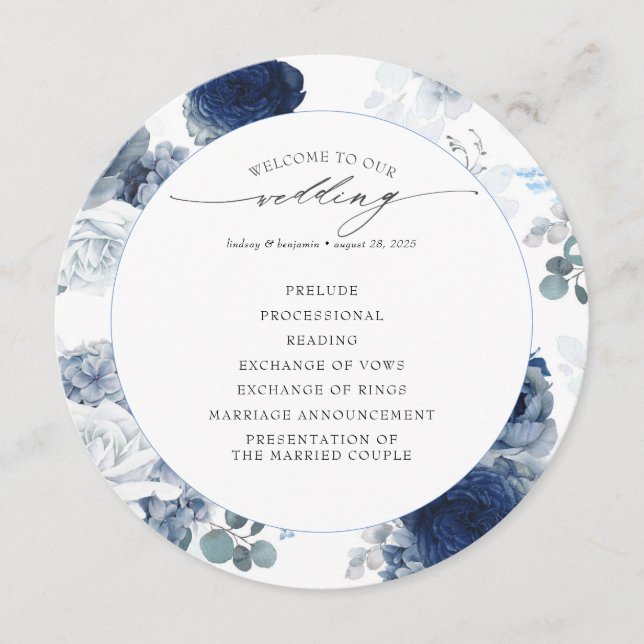 Programme de mariage floral bleu bleu et bleu pous (Devant)