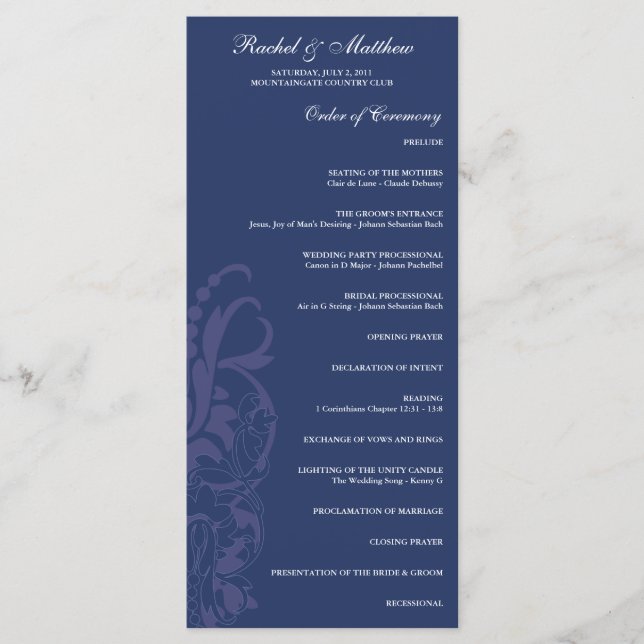Programme de mariage floral bleu de la Marine (Devant)