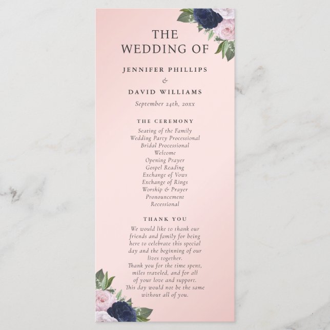 Programme de mariage floral bleu et bleu marine (Devant)