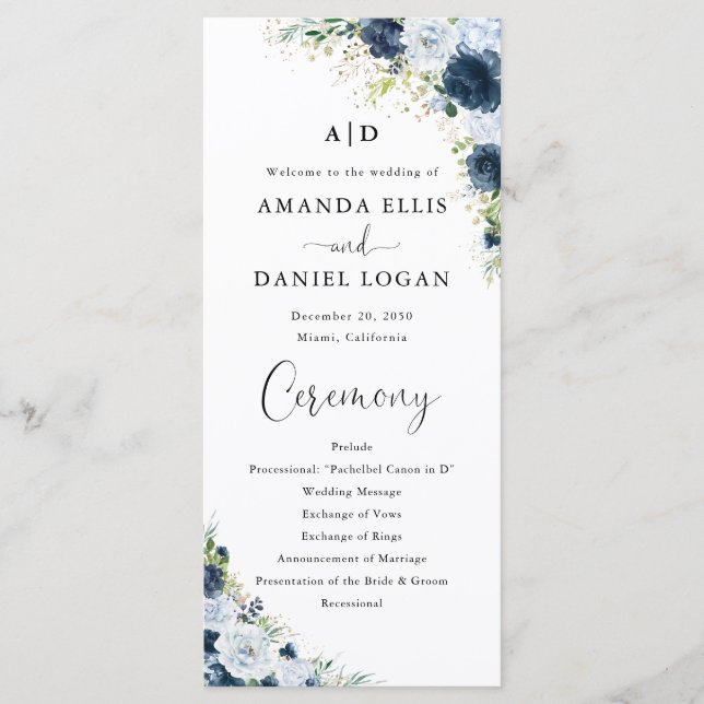 Programme de mariage floral bleu marine (Devant)