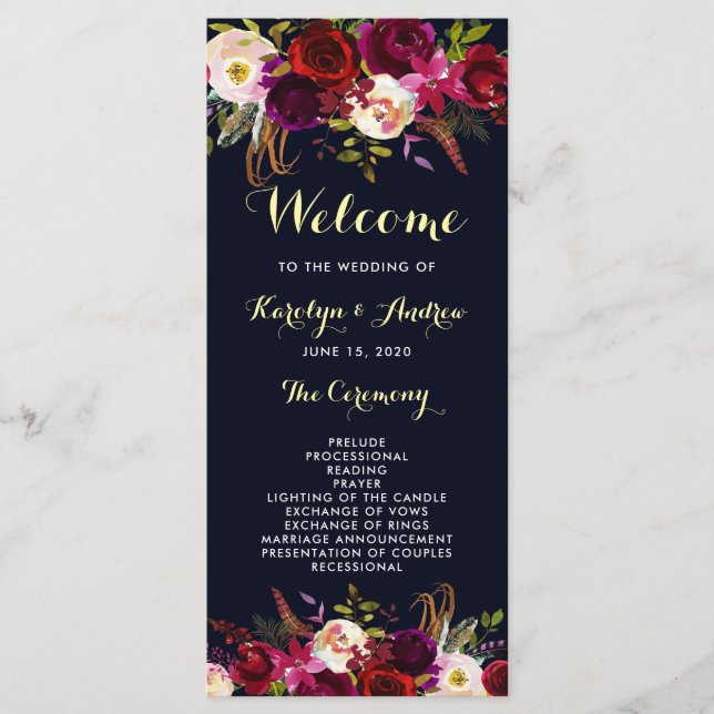 Programme de mariage floral bohème Burgundy Navy M (Devant)