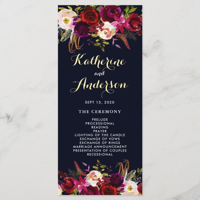 Programme de mariage floral boho bordeaux marine (Devant)