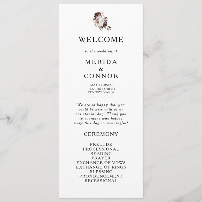 Programme de mariage floral Boho Bourgogne (Devant)
