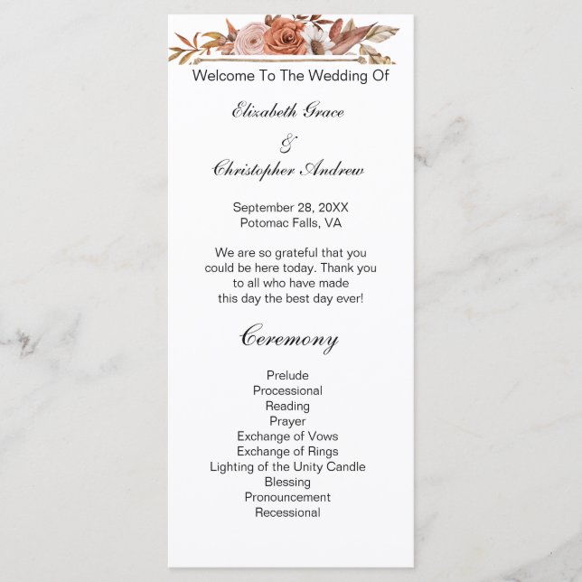 Programme de mariage floral boho Terracotta Rust (Devant)