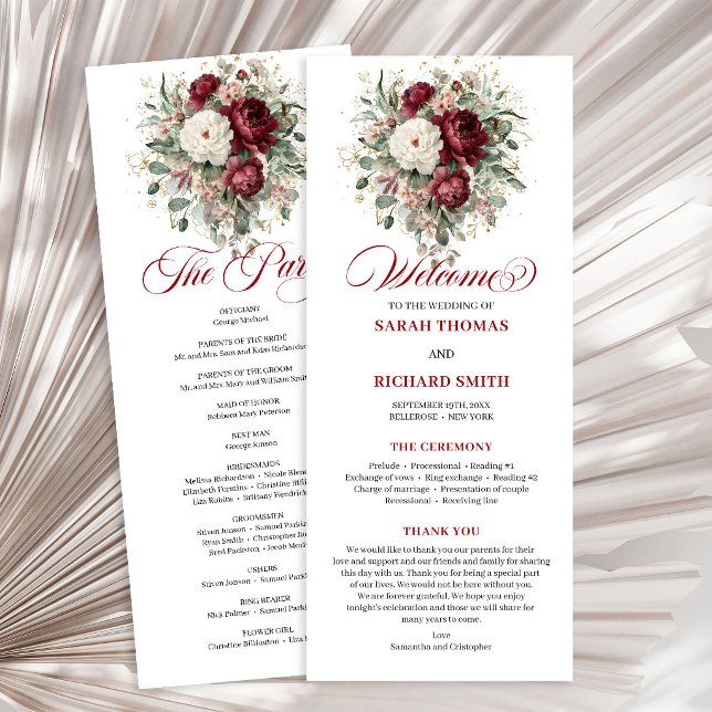 Programme de mariage floral bordeaux Bohemian Blus (Bohemian Blush Burgundy Floral Wedding Program)