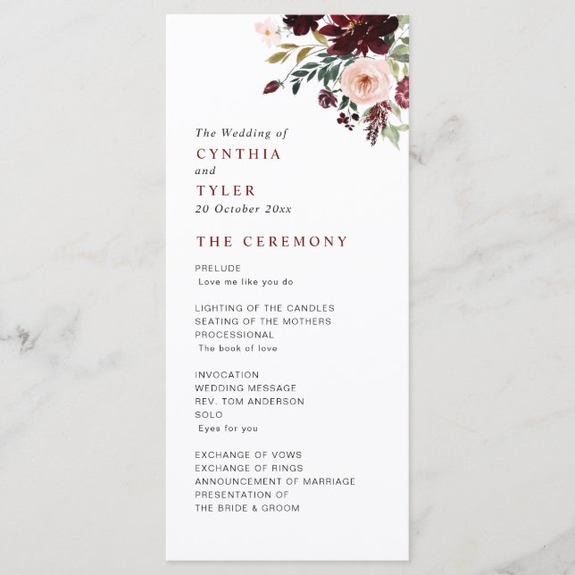 Programme de mariage floral bordeaux et roux (Devant)