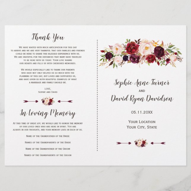 Programme de mariage floral bordeaux Marsala Blush (Devant)