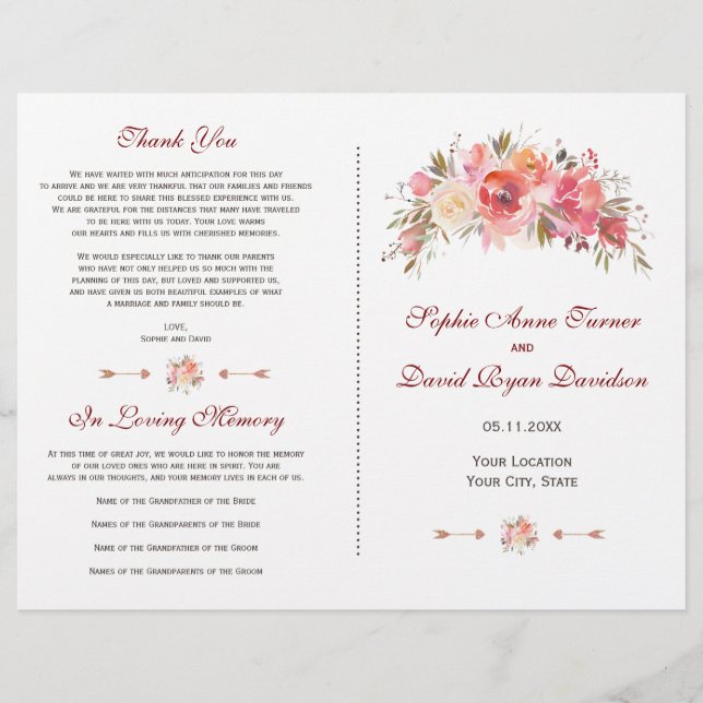 Programme de mariage floral Bourguignon Marsala (Devant)