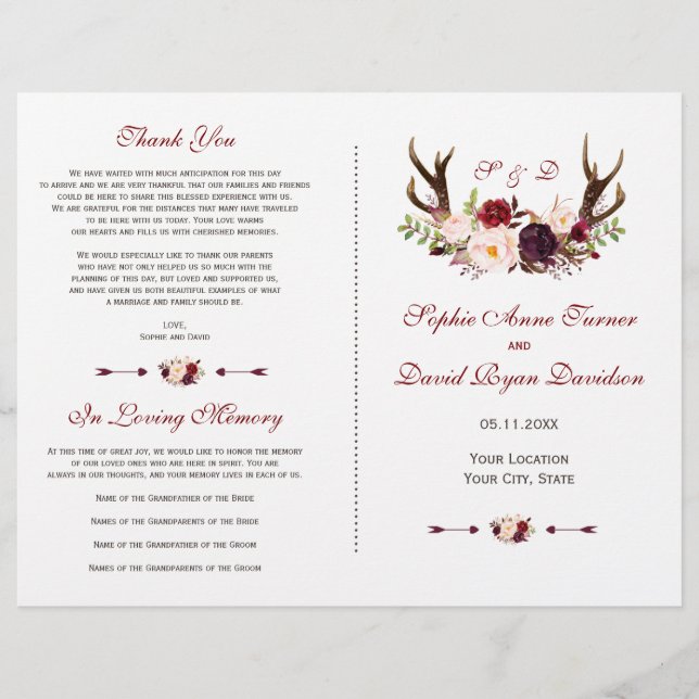 Programme de mariage Floral Burgundy Marsala Cerf (Devant)