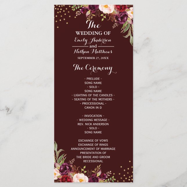 Programme de mariage floral confetti or Bourgogne (Devant)