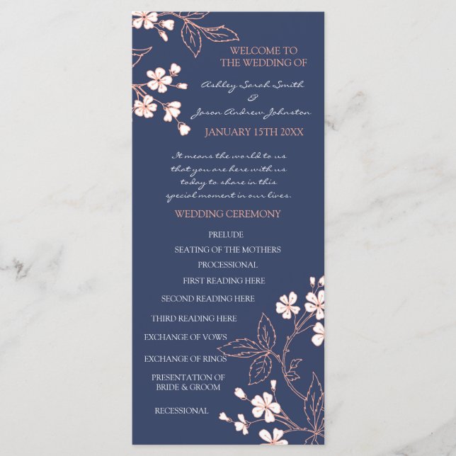 Programme de mariage floral corail bleu (Devant)