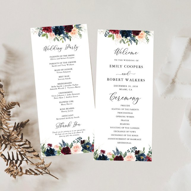 Programme de mariage floral de la Bourgogne et de  (Créateur téléchargé)