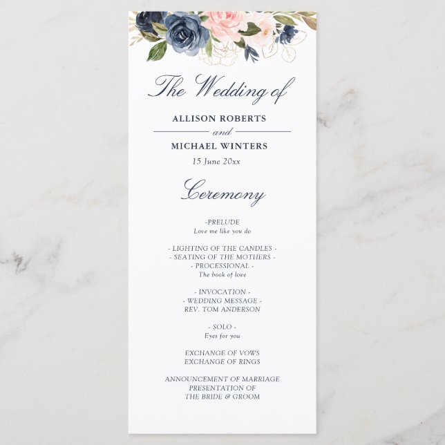 Programme de mariage floral de la marine et de l'a (Devant)