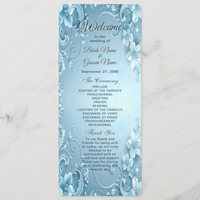 Programme de mariage floral décoratif bleu (Devant)