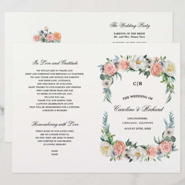 Programme de Mariage floral d'ivoire rose (Devant / Derrière)