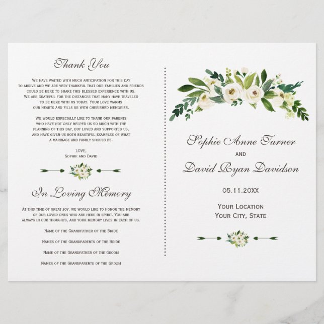Programme de mariage floral élégant à fleurs blanc (Devant)