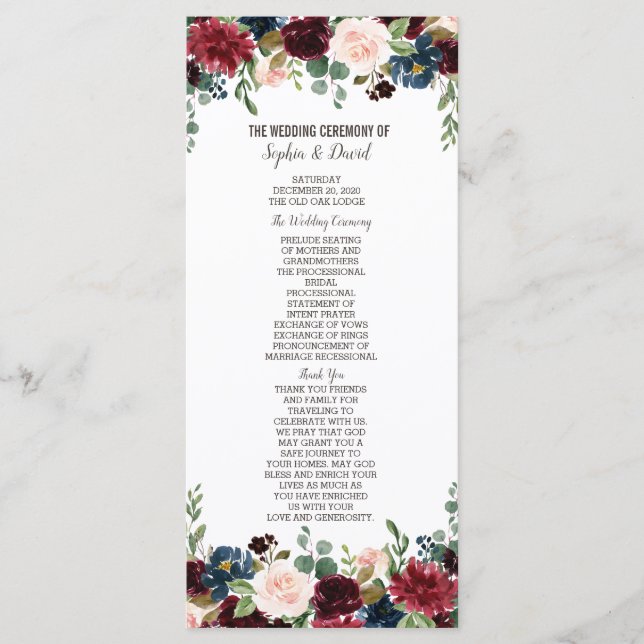 Programme de mariage floral élégant Merlot Bleu Nu (Devant)