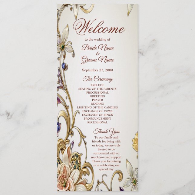 Programme de mariage floral en or blanc (Devant)