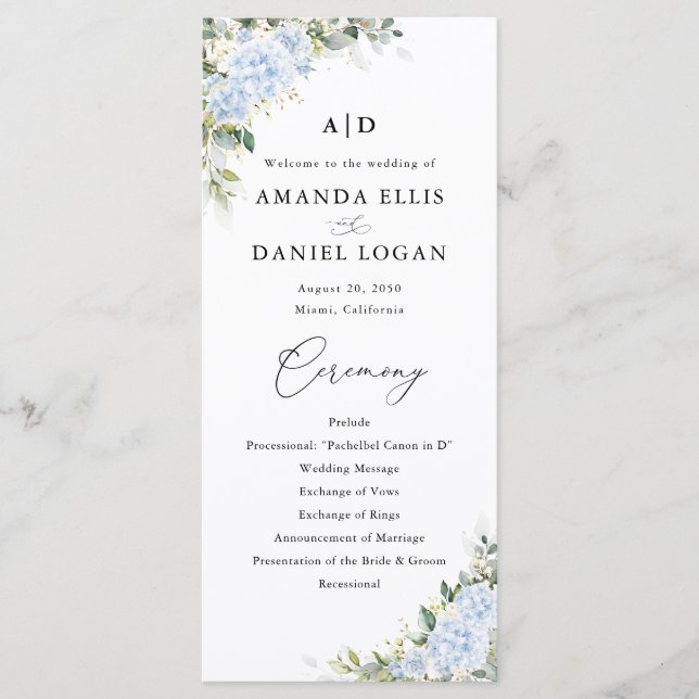 Programme de mariage floral Hydrangea Bleu (Devant)