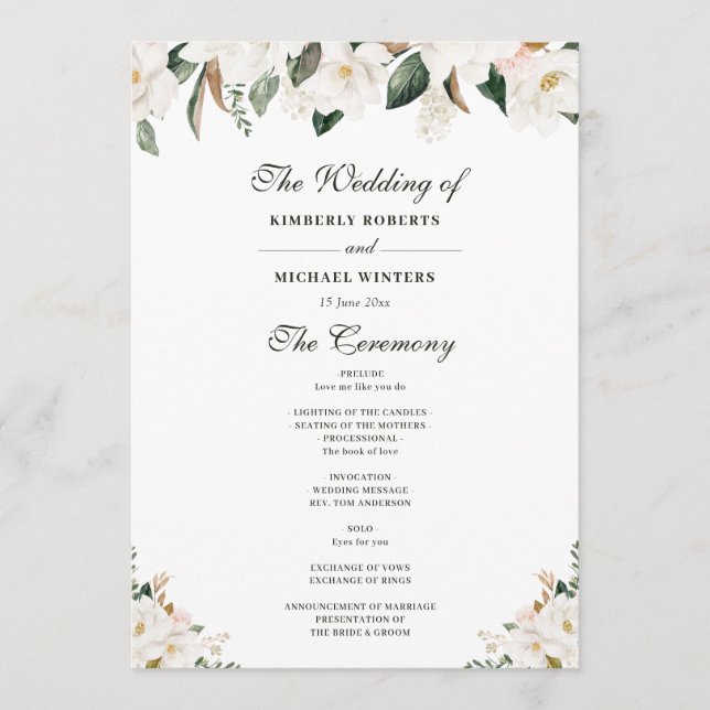 Programme de mariage floral magnolia aquarelle (Devant)