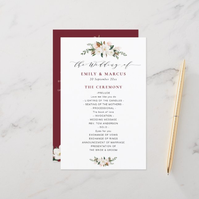 programme de mariage floral magnolia en Bourgogne (Devant/Arrière en situation)