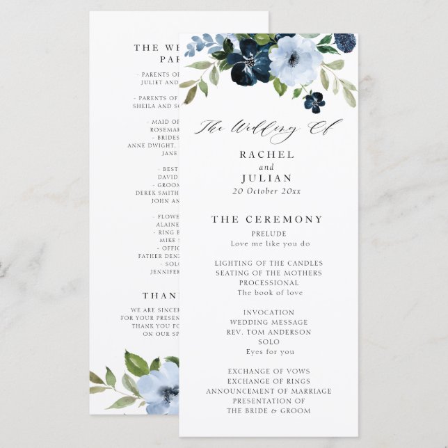 programme de mariage floral marine et bleu clair (Devant / Derrière)