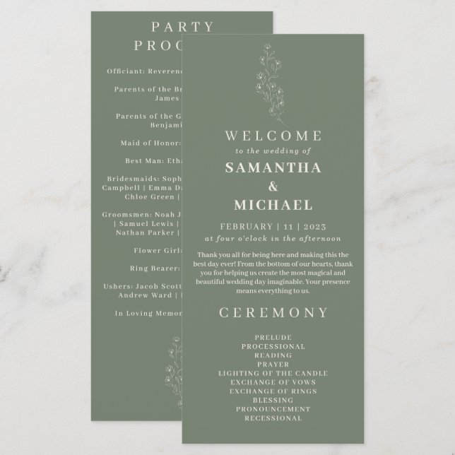 Programme de mariage floral minuscule Fleur verte  (Devant / Derrière)