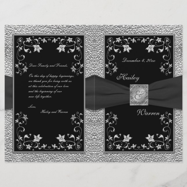 Programme de mariage floral noir et blanc (Devant)