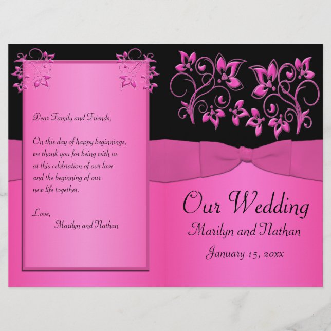 Programme de mariage floral noir et rose (Devant)