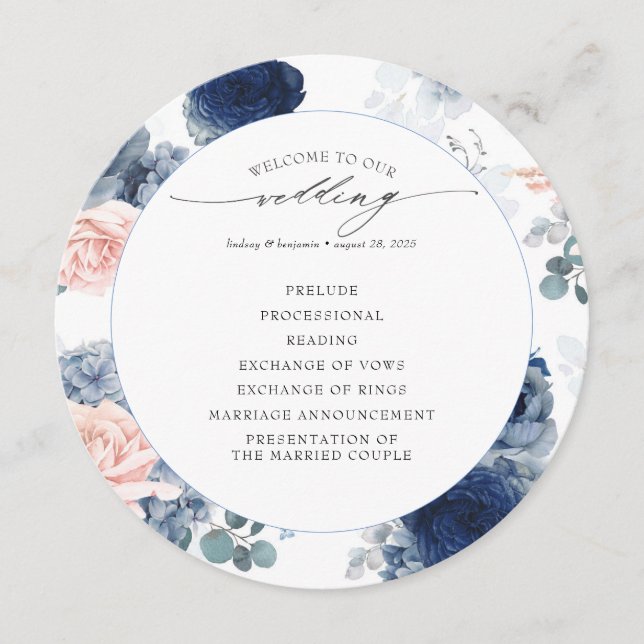 Programme de mariage floral rose et bleu poussiére (Devant)