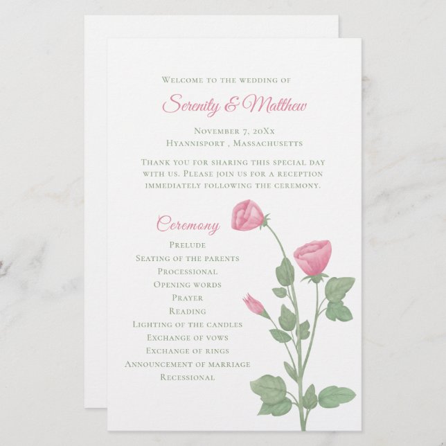 Programme de mariage floral rose Jardin de fleurs  (Devant / Derrière)