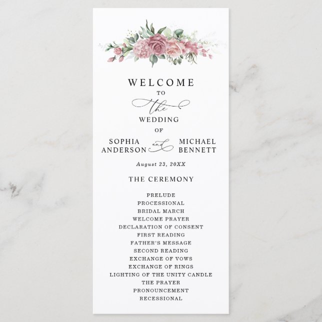 Programme de mariage floral rose poussiéreux (Devant)
