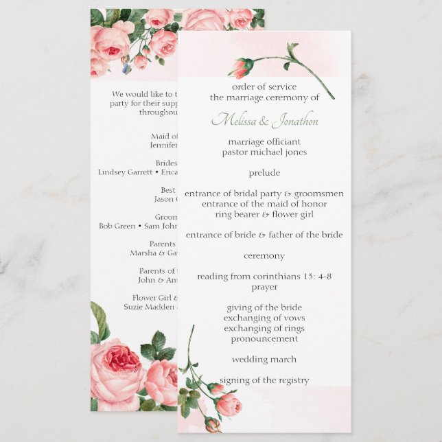 Programme de mariage floral rose rose gênée (Devant / Derrière)