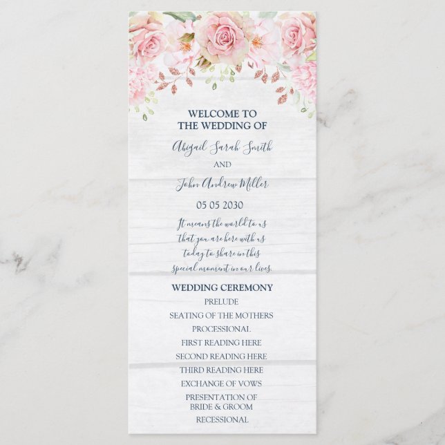 Programme de mariage floral rose rustique de print (Devant)