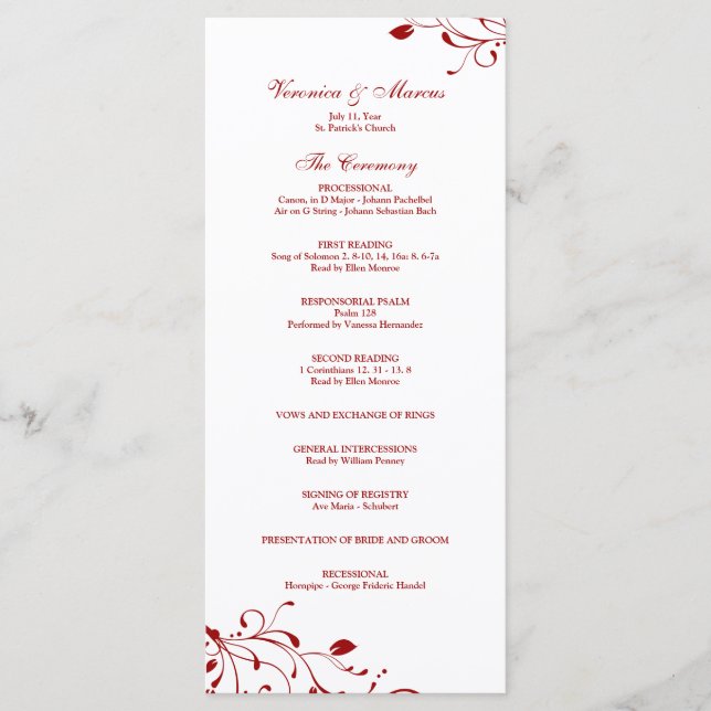 Programme de mariage floral rouge et blanc (Devant)