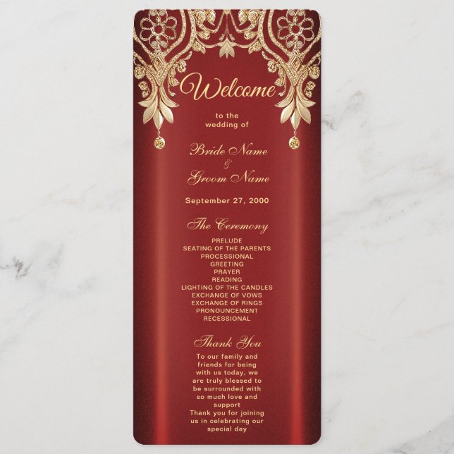Programme de mariage floral rouge or moderne (Devant)