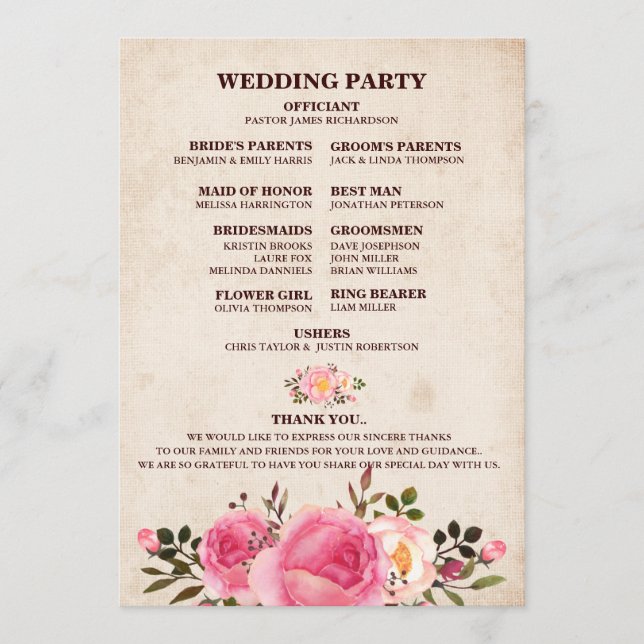 Programme de mariage floral rustique de campagne d (Devant)
